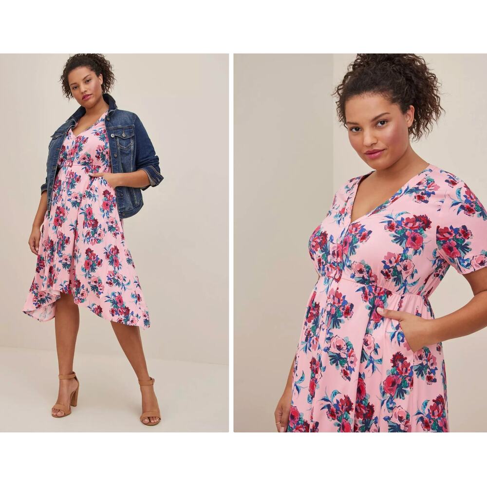 NEW Torrid Dress Size 5 5X Midi Challis Shirt Dress Floral Pink Flowers V Neck